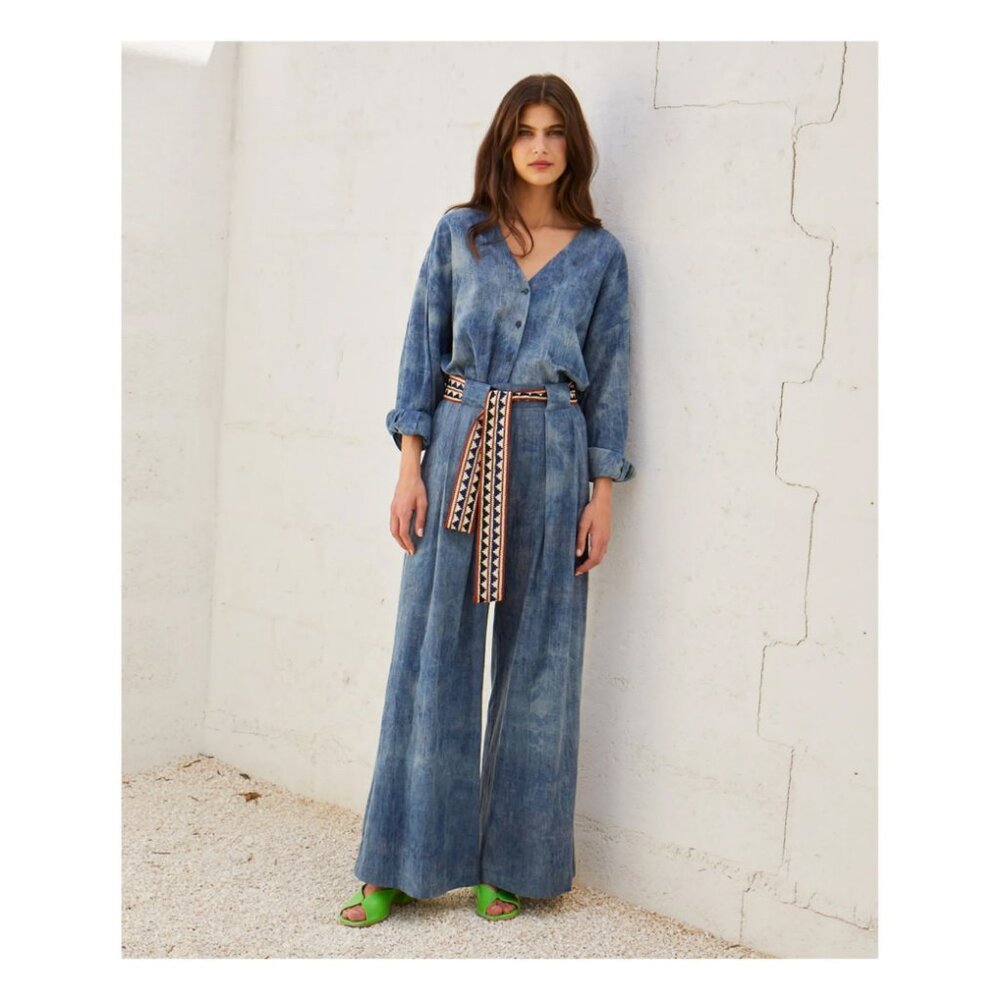 Italian High Waist Wide Leg Tie Dye Cotton Pants IT42 Us4/8 Denim look - Picture 2 of 9